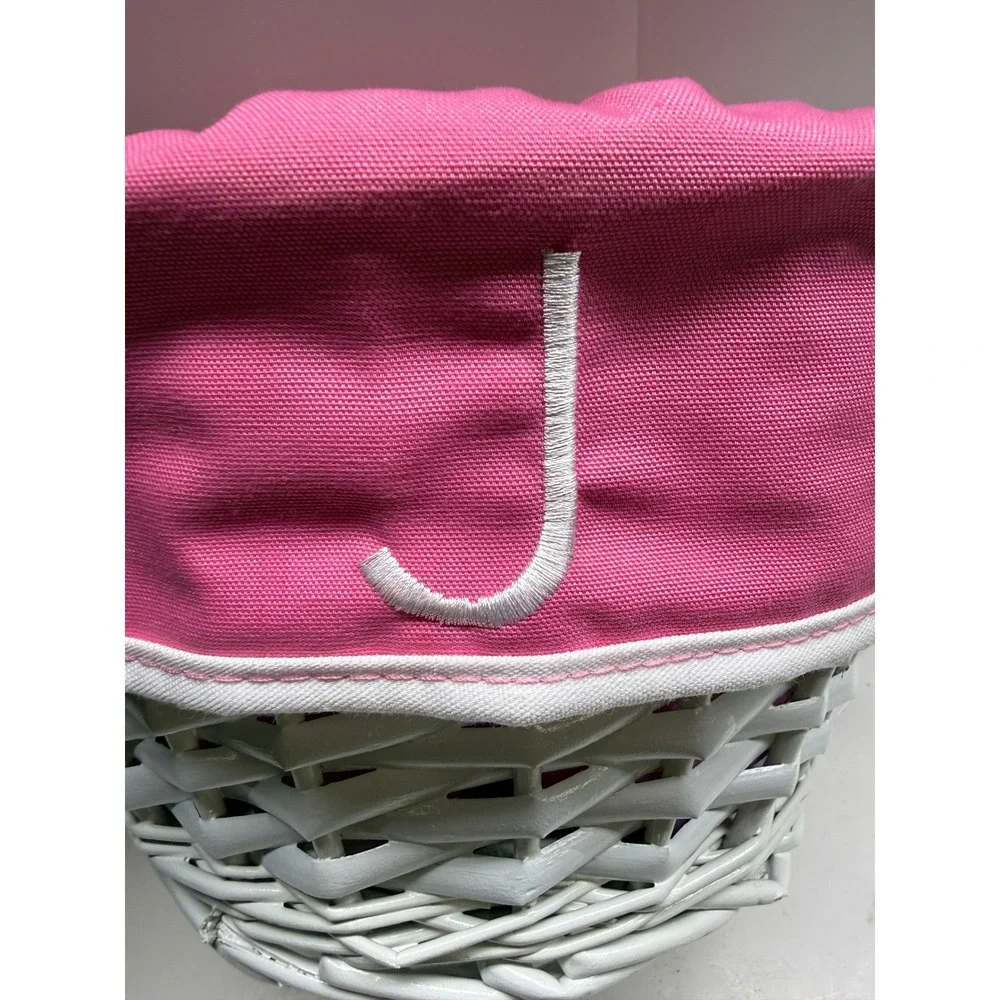 White Wicker Easter Basket with Pink Initial J Embroidered Liner and Handle